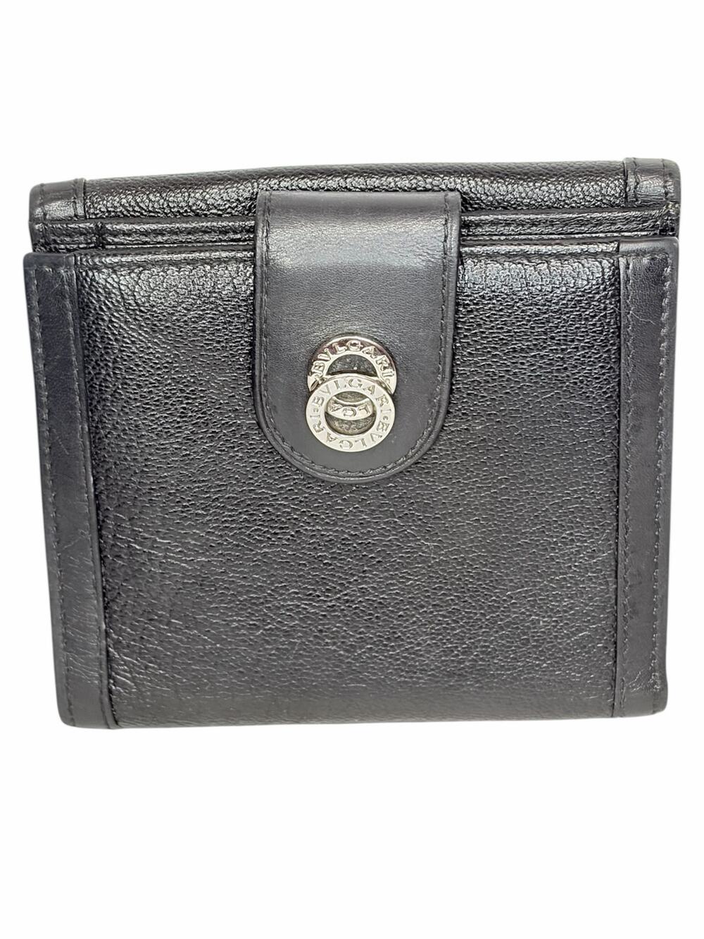 Bvlgari Doppiotondo Black Leather Bifold Wallet Silver-Tone Hardware